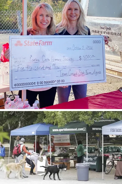 Outdoor fundraising event with woman holding up large donation check